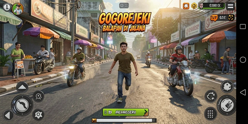 Screenshot GOGOREJEKI menunjukkan aksi balapan motor yang intens.